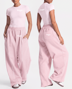 Completo da donna 2 pezzi: T-shirt a maniche corte e <span class=keywords><strong>pantaloni</strong></span> sportivi a vita alta a gamba larga con striscia laterale, casual e sportivo per lo street style - Product Image 1