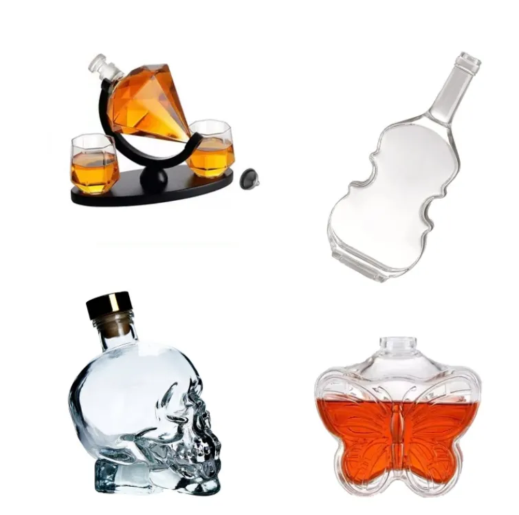 Factory custom shaped spirit bottle butterfly skull violin shape brandy whiskey bottles