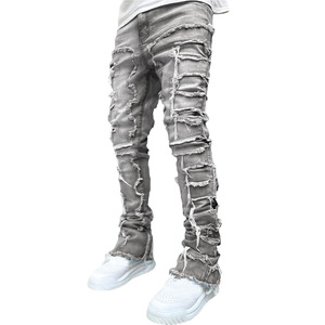 Vaqueros de hombre rasgados y apilados, estilo urbano, de algodón, con parches de borlas, lavado desgastado, corte recto - Product Image 1