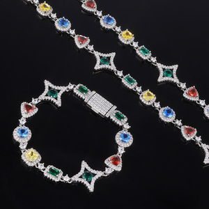 Colorful Gemstone Emerald Cut Hiphop Fashion Trendy Sparkling Brass Zircon Star Square Charm Link Chain Bracelet <b>Bangle</b> - Product Image 1