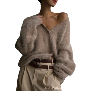 Cárdigan de punto suelto para mujer con <span class=keywords><strong>cuello</strong></span> en V, de poliamida, con botones, amarillo, con <span class=keywords><strong>pelo</strong></span> sintético de conejo. - Product Image 5