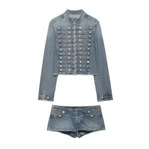 ZEVITY Vente en gros 2026 – Veste courte en <span class=keywords><strong>jean</strong></span> élégante pour femme, style rétro, avec boucles décoratives, manches longues et col montant - Product Image 3
