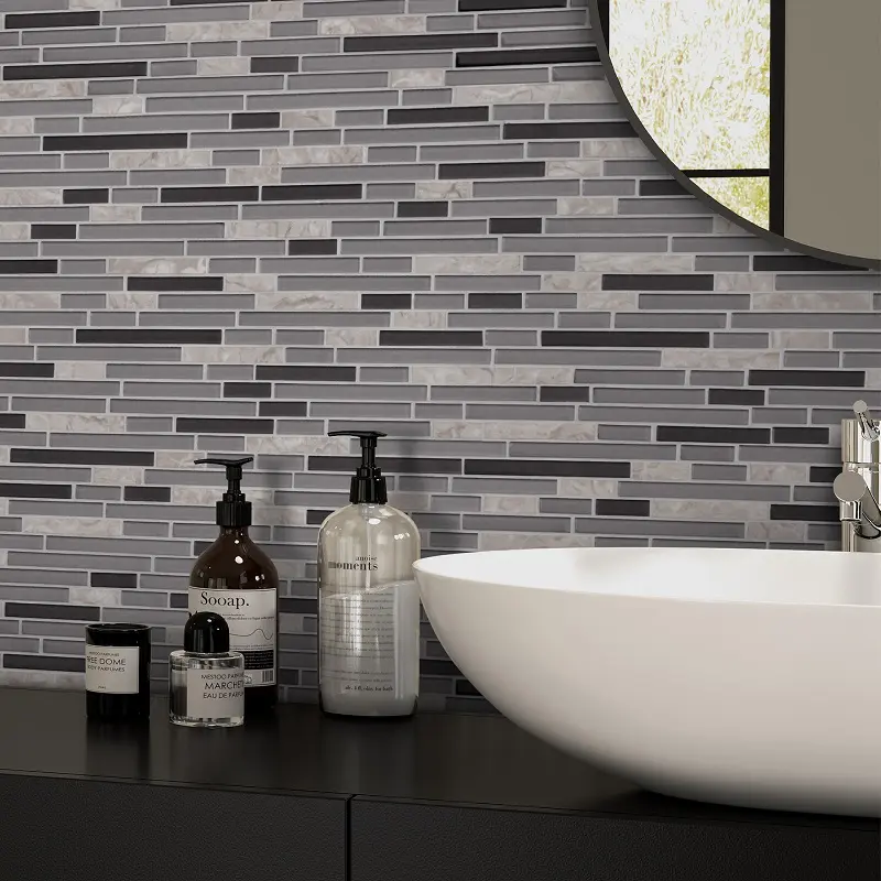 Sunwings Glass Mosaic Tile | Stock in US | Glass and Stone Linear Mix Black Interlocking Mosaics Wall And Floor Tile