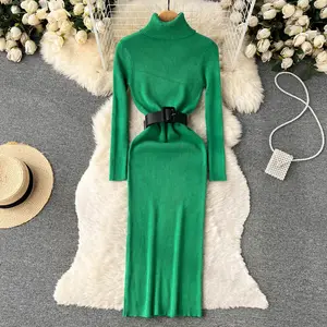 Autumn Winter New Chic High Neck Split Long Dress Women's Pullover Woollen Dress Knee length Dress