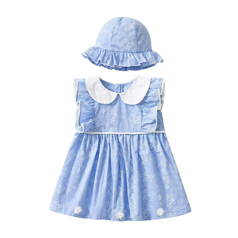 Custom Smocked Dresses for Child Girls Princes summer fresh blue print baby girl sleeveless dress