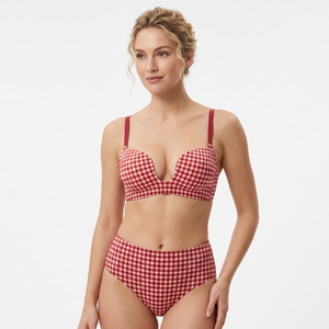 Sujetador bikini rojo transpirable de talle alto con copa 3/4, sin aros, push-up, tirantes ajustables, sin forro, sexy, con patrón liso y soporte para el pecho para mujer - Product Image 1