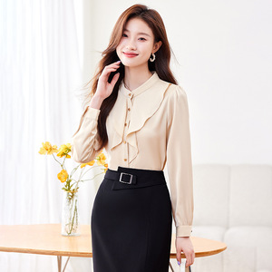 White Ruffled Blouse Women Chiffon Long Sleeve Solid Color Work Shirt Professional Office Wear Spring Autumn Style - Product Image 4