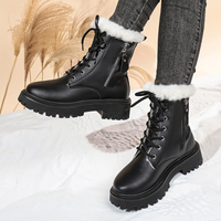 Bottines d'hiver pour femmes avec col en fausse fourrure, lacets, fermeture éclair latérale, semelle plateforme épaisse, doublure en polaire, couleur beige et noir