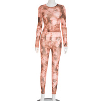 Nouvel ensemble 2 pièces à imprimé floral pour femme, haut court à manches longues en maille sexy à col rond + leggings assortis, tenues streetwear ajustées