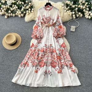 Verano Vintage túnica vendaje Casual Maxi vestido para mujer linterna manga imperio impreso vestido - Product Image 4