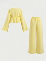 Nouvel ensemble décontracté deux pièces confortable et haut de gamme à rayures, avec haut ample à lacets, polyvalent, à manches longues, élégant et tendance