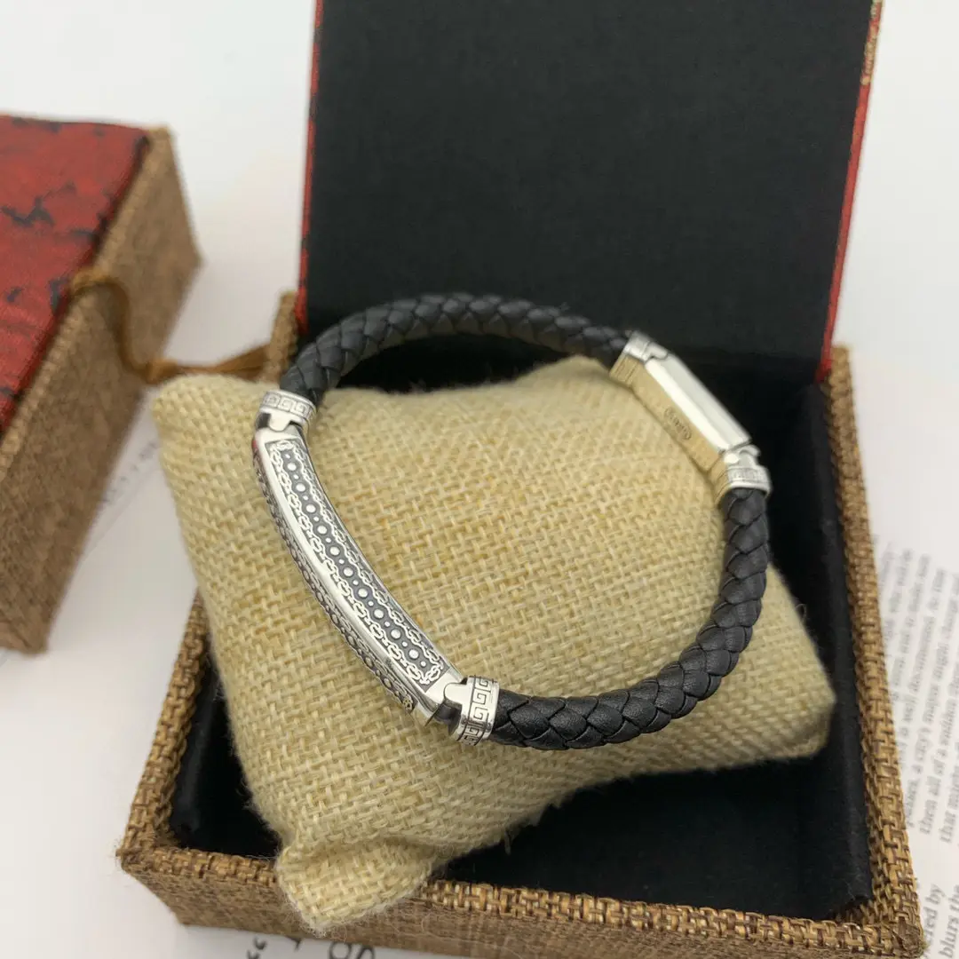 OEM Custom Fashion Jewelry Personality 925 Sterling Silver Leather Rope Men Leather Jewelry Bracelets