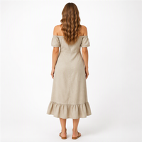 Gaun Kasual Wanita Off Shoulder Bahan Linen Campuran Midi Dress Ruffle Hem Longgar 200GSM Bernapas Logo Custom Gaun off the Shoulder