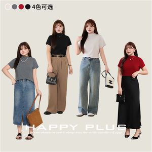 Happy Plus Plus Size Women's High Neck Short <b>Sleeve</b> <b>Top</b> Solid Color Layering T-Shirt Woven American Style Adult Female - Product Image 4