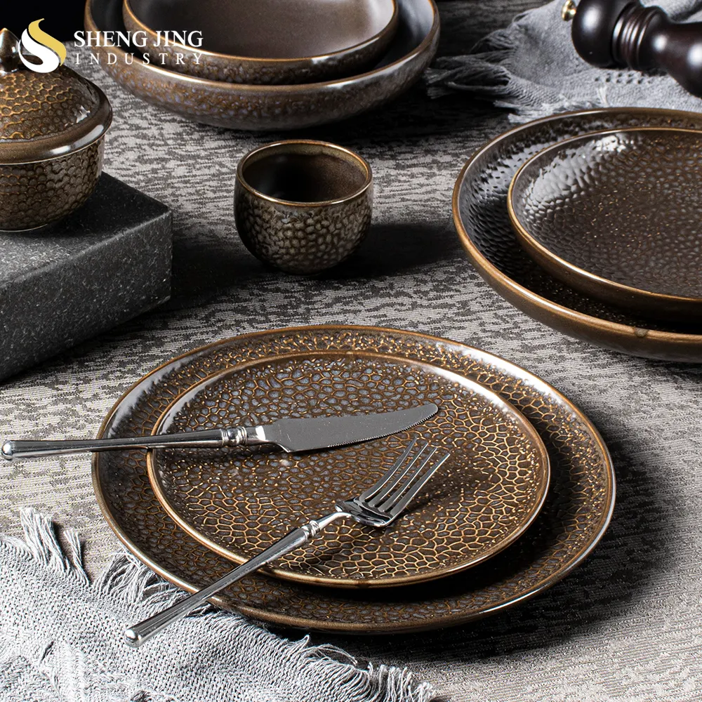 New Japanese Brown Ceramic Round Honeycomb Design Steak Dinner Plate Restaurant Tableware Hammered Pottery Serving Tray
