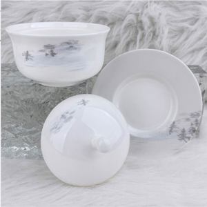 Engraved Bone <b>China</b> Bowl with Lid Oriental Scenic Landscape Design Ink Wash Hand Gold Rim Daily Use Dinnerware Set for 7-9 Users - Product Image 5