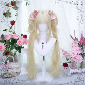 Perruque longue bouclée style Lolita avec double queue de cheval, nœuds roses, frange latérale, couvrant entièrement la tête, pour femme - Product Image 4