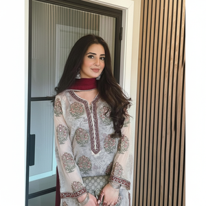 Top de fiesta de mujer de diseñador y conjunto Dupatta elegante Plazzo con hermosos adornos - Product Image 1