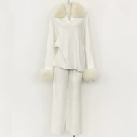 Nouvelle collection automne-hiver : Ensemble pull en maille ample haut de gamme avec col en vraie fourrure de renard et manches en fourrure, en cachemire tricoté pour femme