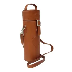 OEM factory Customized PU Leather Single Bottle Round Brown Wine Carrier Tote Bags wine bag