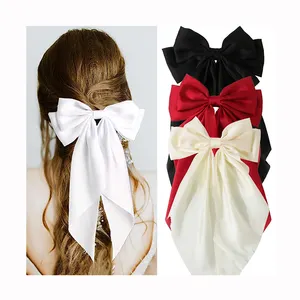 2024 New Design Large Solid Hair Bows Hairpin Long Tail Bows Clip For Girls Women Silky Satin Bow Hair Clips