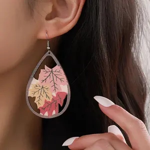 Double Dided Drop Maple Leaf Earrings Wooden Waterdrop Earrings Thanksgiving Earrings For Women