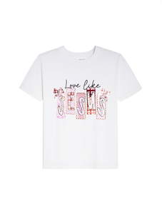 T-shirt da donna a maniche corte Love Like Jesus, girocollo, con stampa a cuore, in cotone traspirante, casual, per primavera estate - Product Image 1