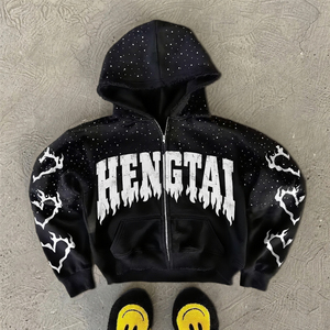 Fabricantes de ropa Hengtai, sudadera con capucha personalizada para hombre, estilo urbano, corte holgado, con bordado, cremallera, estampado, pedrería y tela gruesa. - Product Image 1