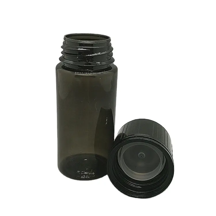 Cilinder Vorm 100Ml Transparant Zwart Huisdier Damp Sap Fles Olie E Vloeibare Fles Met Unieke Ontwerp Flat Top Cap