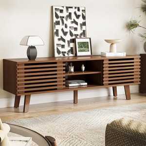 Juego de mesa de centro de 2 piezas Midcentury con almacenamiento de puerta <span class=keywords><strong>corredera</strong></span>, soporte de TV de madera de nogal para sala de estar y dormitorio - Product Image 6
