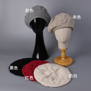 Béret en laine pour femme, bonnet tricoté style coréen, chaud, crème, noir, gris, rouge, beige - Product Image 2