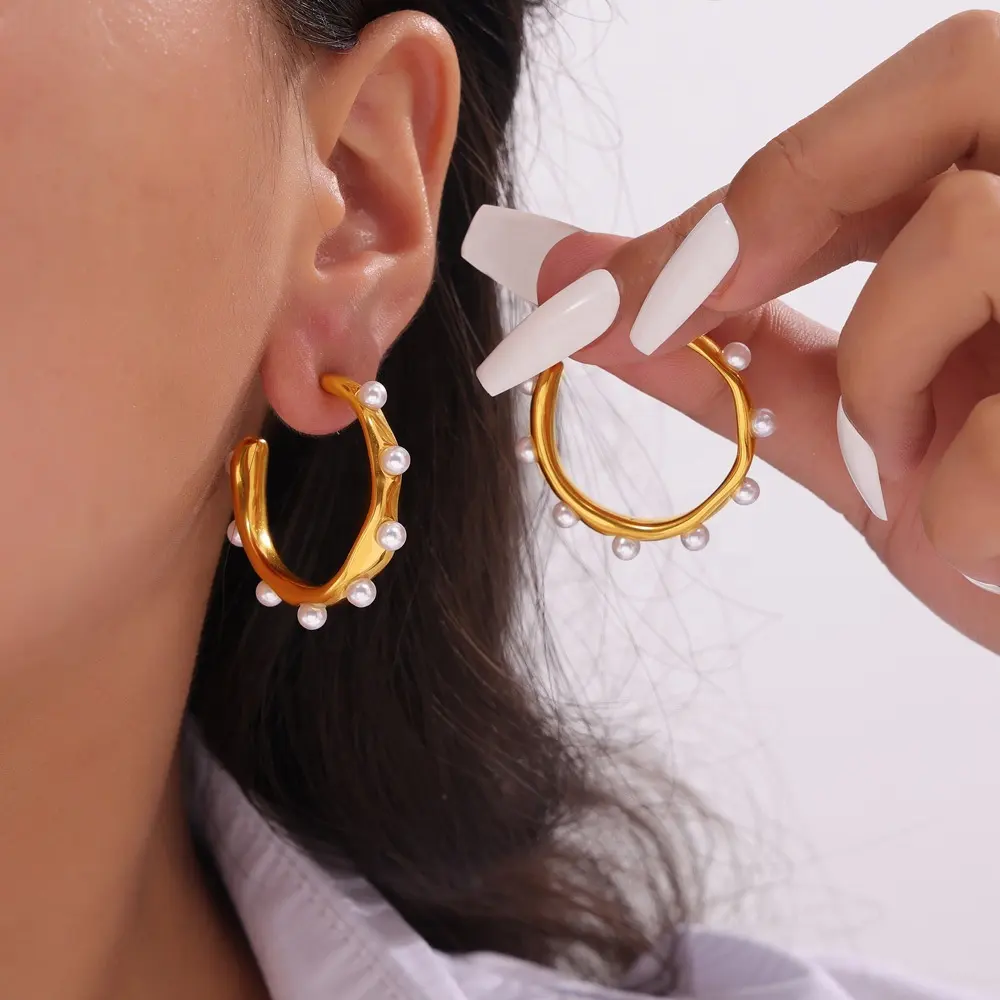 Fashion Chunky Hoops Jewelry Women Waterproof 18K Gold Fashion Gold Large Geometric Hoop Pearl Earrings