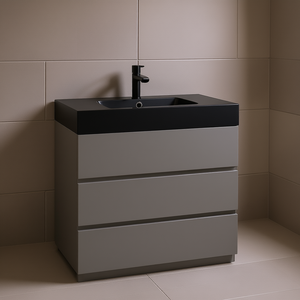 Meuble-lavabo de salle de bain moderne autoportant de 36 pouces avec vasque en céramique noire, grand rangement, finition mate - Product Image 2