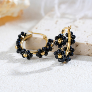 TAYLORFASO 22k Gold Plated Hoop <b>Earrings</b> With Black Crystal Beads Women's Classic Everyday Wear Jewelry - Product Image 6