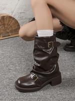 Bottes plateforme tendance pour femme avec fermeture éclair, mi-mollet, en similicuir, talon épais, marron, vente en gros, logo personnalisé, hiver