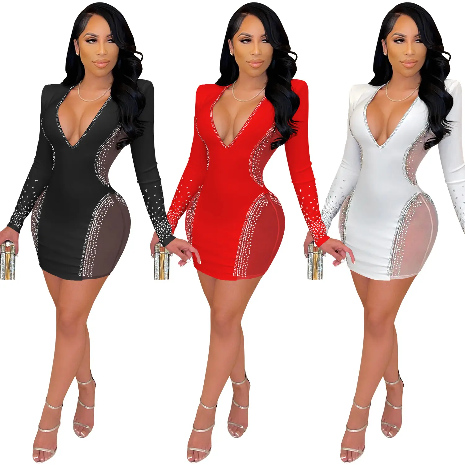 2022 New Arrivals Women Long Sleeve See Through Hot Drill V-neck Dress Ladies Red Sexy Diamond Hollow Out Mini Sheath Dresses