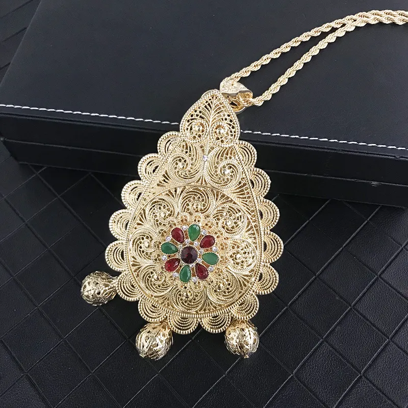 Kalung Perhiasan Wanita Vintage, Rantai Sweater Bunga Terukir Logam, Liontin Ganda Etnik Muslim, Kalung Perhiasan Besar