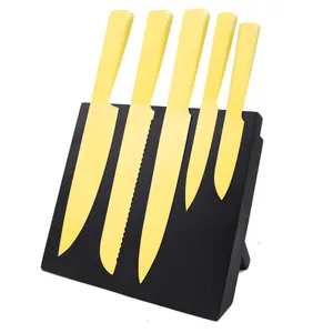 Conjunto de facas de cozinha, incluindo bloco de faca e faca, com alça oca de titânio dourado