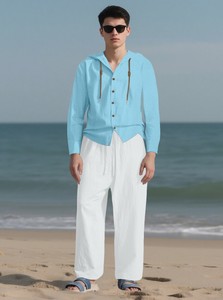Completo da <span class=keywords><strong>uomo</strong></span> europeo <span class=keywords><strong>e</strong></span> americano in tinta unita, composto da <span class=keywords><strong>camicia</strong></span> casual a maniche lunghe con cappuccio <span class=keywords><strong>e</strong></span> coulisse <span class=keywords><strong>e</strong></span> <span class=keywords><strong>pantaloni</strong></span> larghi in cotone <span class=keywords><strong>e</strong></span> <span class=keywords><strong>lino</strong></span>. - Product Image 5