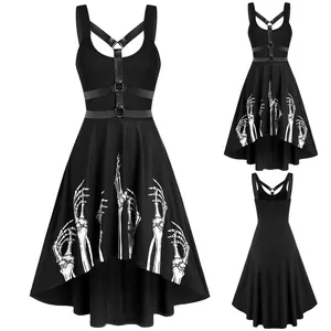 Ghost Claw Print Zwarte Jurk Vrouwen Gothic Punk Spaghettibandje Backless Off Shoulder Jurken Dames Invoegen Feestjurk Vestidos