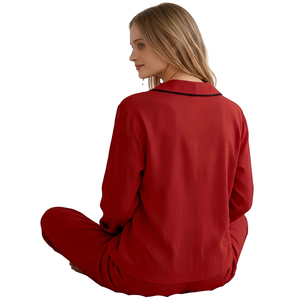 Women's <b>Red</b> Satin Long Sleeve Pajama Set Classic Turn-Down Collar Full Length Smooth Sleepwear Autumn Wear GOTS Certified - Product Image 4