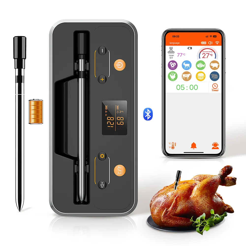 Bluetooth 5.2 Wireless Digital Meat Thermometer for Kitchen BBQ Food with Stainless Steel Probe
