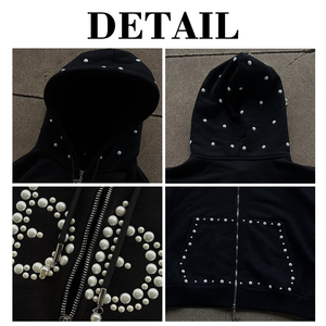 เสื้อฮู้ดดี้ผู้ชายไซส์พลัสแบบสั่งทำพิเศษ ทรงโอเวอร์ไซส์ แต่งลายปักแบบวินเทจ ซักทำให้ดูเก่า  ประดับคริสตัลเต็มตัว ซิปแบบเต็มตัว - Product Image 6