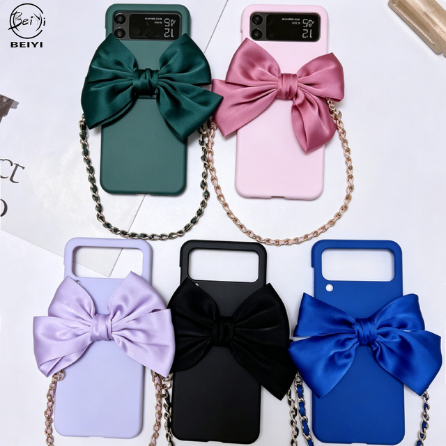 Fashion Luxury Silk Bow Chain Wristlet Phone Cover for Z Flip7 Z Flip8 Cute Girl Matte PC Hard Shell Fold Screen Case