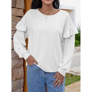 Fisoew Sweat-shirt à col rond pour femme, manches longues, volants, coupe ample, pull court, tenue décontractée d'automne - Product Image 2