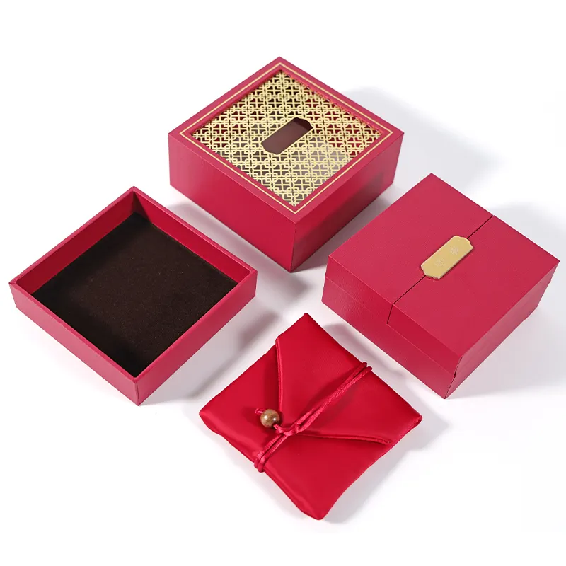 Custom Logo Luxury Unique Red Hollowed-Out Double Open Door Wooden Jewelry Packaging With Pouch For Expensive Jewelry