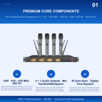 Microphone sans fil professionnel HKNC HG-D404-H UHF à quatre micros portatifs, piles AA, connecteur XLR, garantie 1 an pour la scène d'église