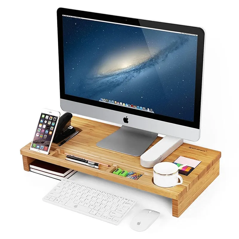 Riser Dudukan Monitor dengan Pengatur Penyimpanan, Meja Komputer Kantor, Laptop Berdiri Bambu