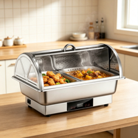 Chauffe-Plats Électrique Rectangulaire 9L en Acier Inoxydable, Réchaud Buffet Professionnel avec Couvercle Roulant pour Hôtels, Restaurants et Traiteurs