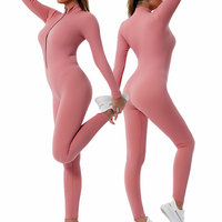 Combinaison de sport rose à fermeture éclair, coupe ajustée, grande taille, pour femmes - Combinaison de yoga, tenue de sport, couche de base